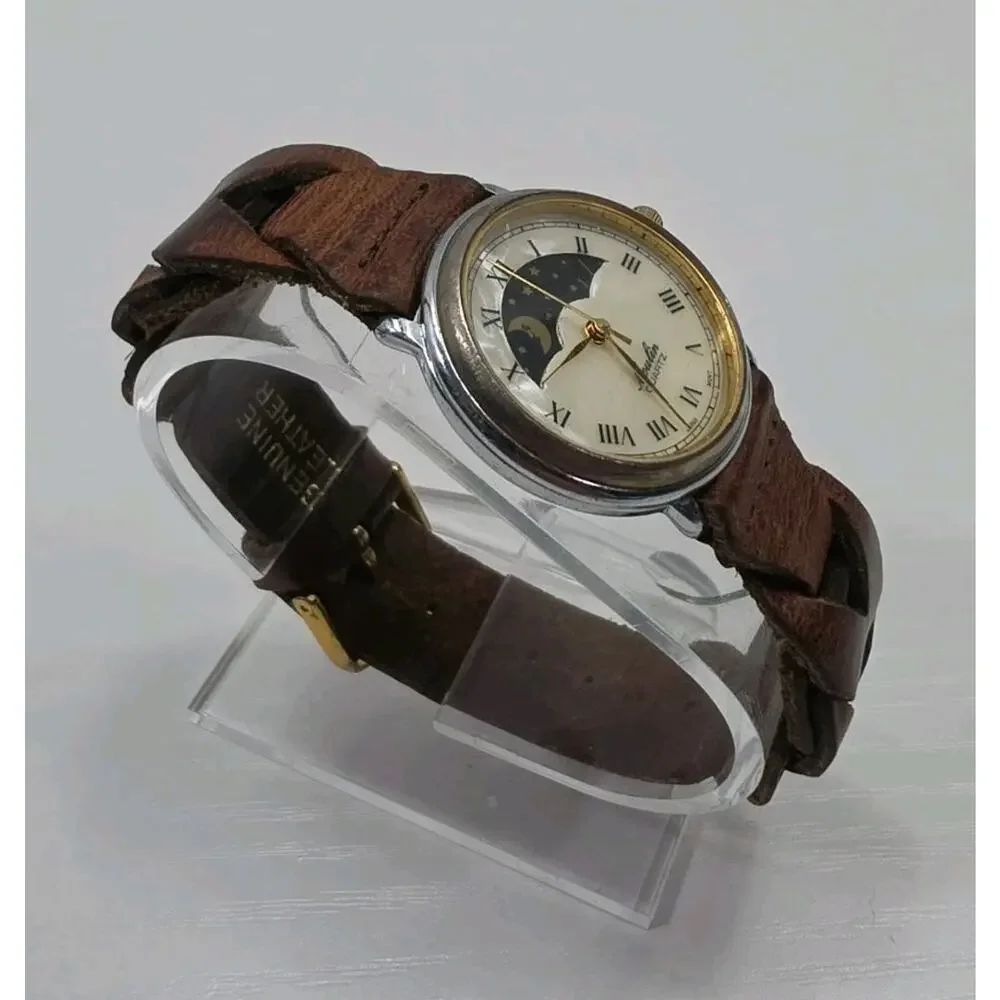 Moulin Quartz Moon Phase Watch Pearl Round Face Brown Band Stars New Battery 280